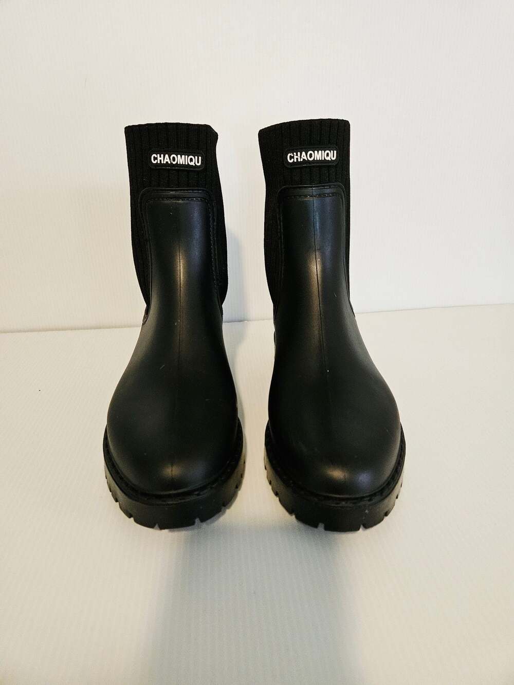 CHAOMIQU Women's Mid-Calf Black Waterproof Rain Boots with Ribbed Knit Cuff - Picture 3 of 11